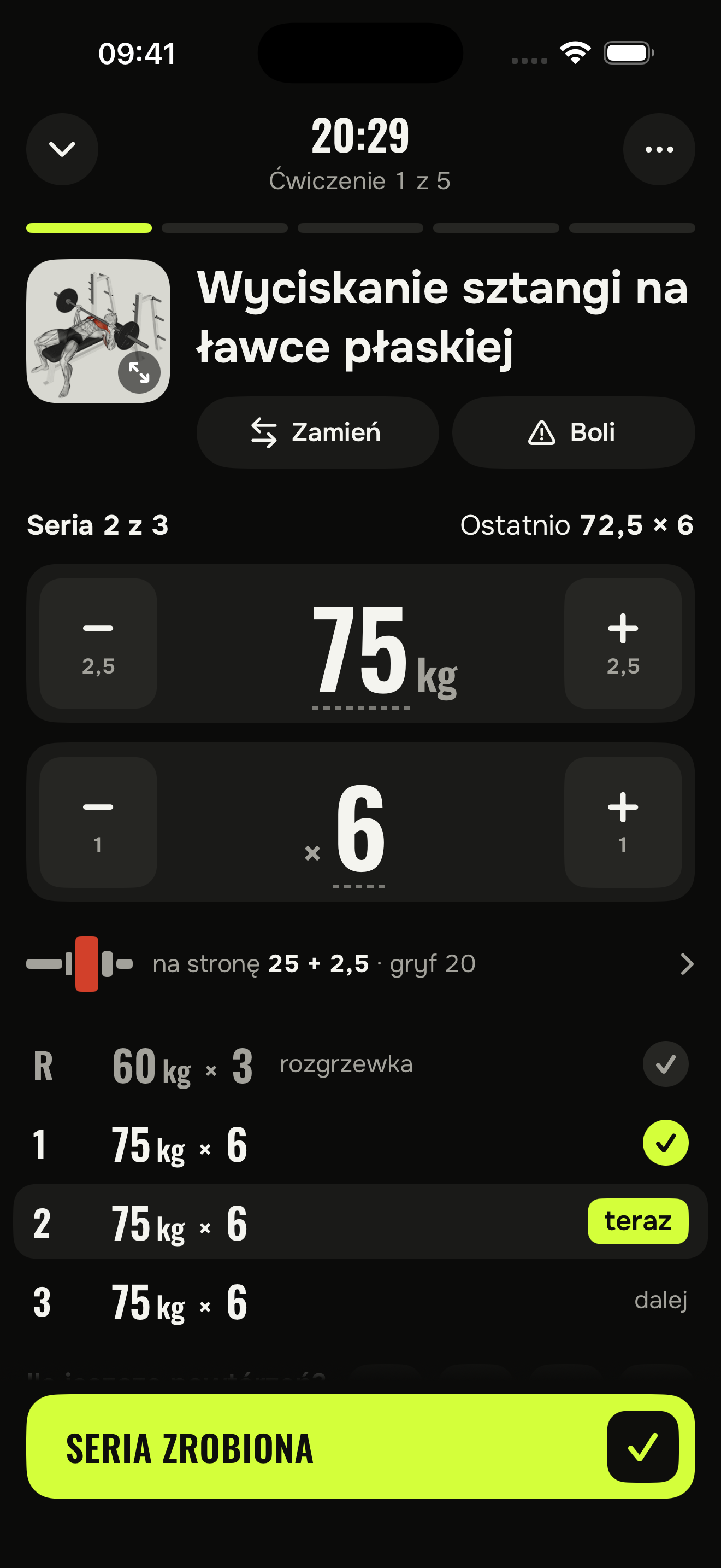 Ekran treningu w FitGod 2.0